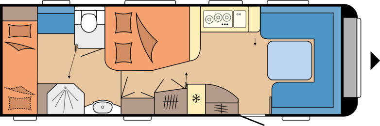 Raumaufteilung vom Wohnwagen Hobby Exzellent 495 UFE